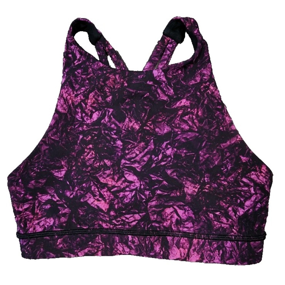 Lululemon‎ Energy Bra High Neck Purple Black Crinkle Print Strappy Back Size 4